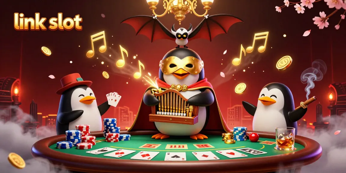 Experience the excitement of link slot with a 3D penguin at a vibrant casino scene, engaging with games.