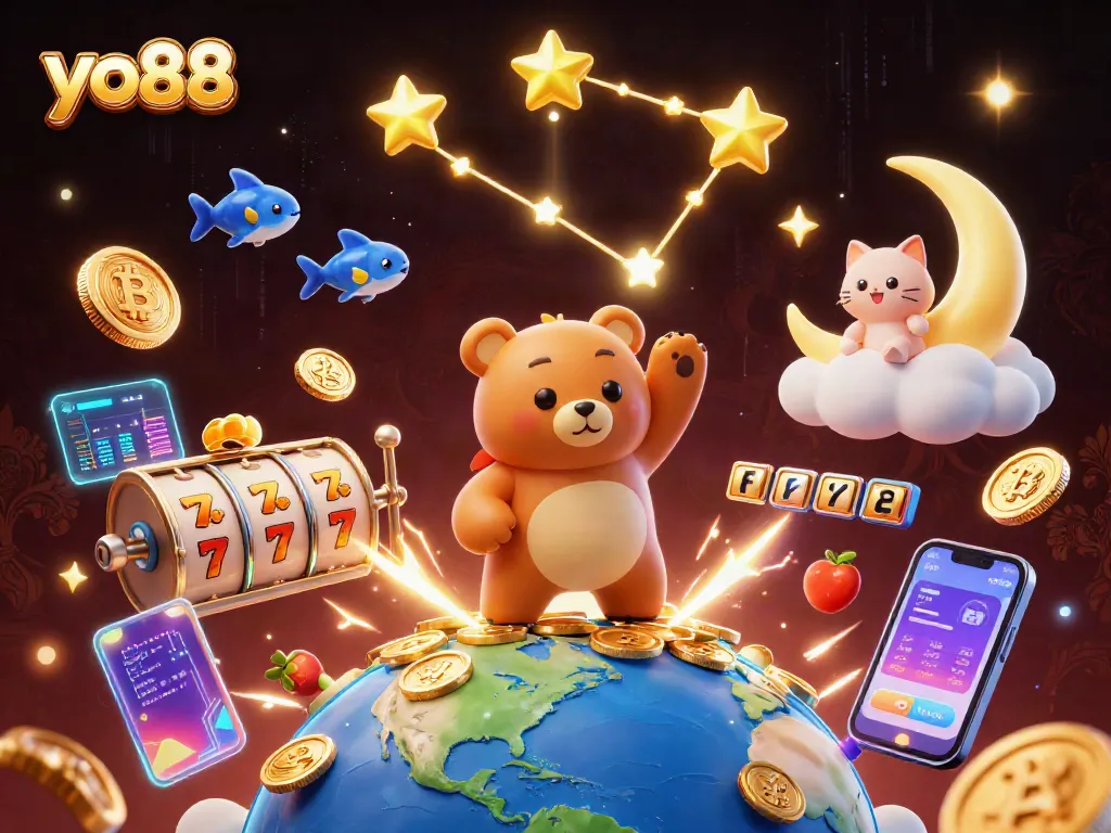 Spin the reels and win with yo88 in this vibrant online casino 3D illustration.