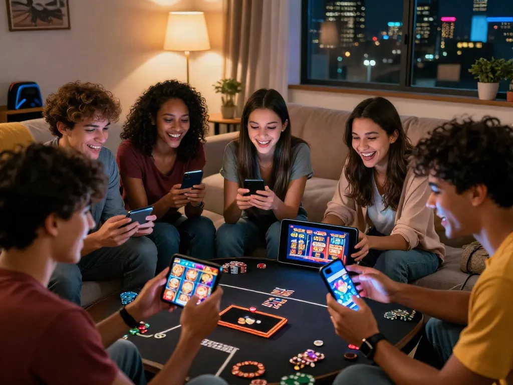 Moderne mobile Casinos: Menschen spielen leidenschaftlich Casino-Spiele auf Smartphones in einem gemütlichen Wohnzimmer.