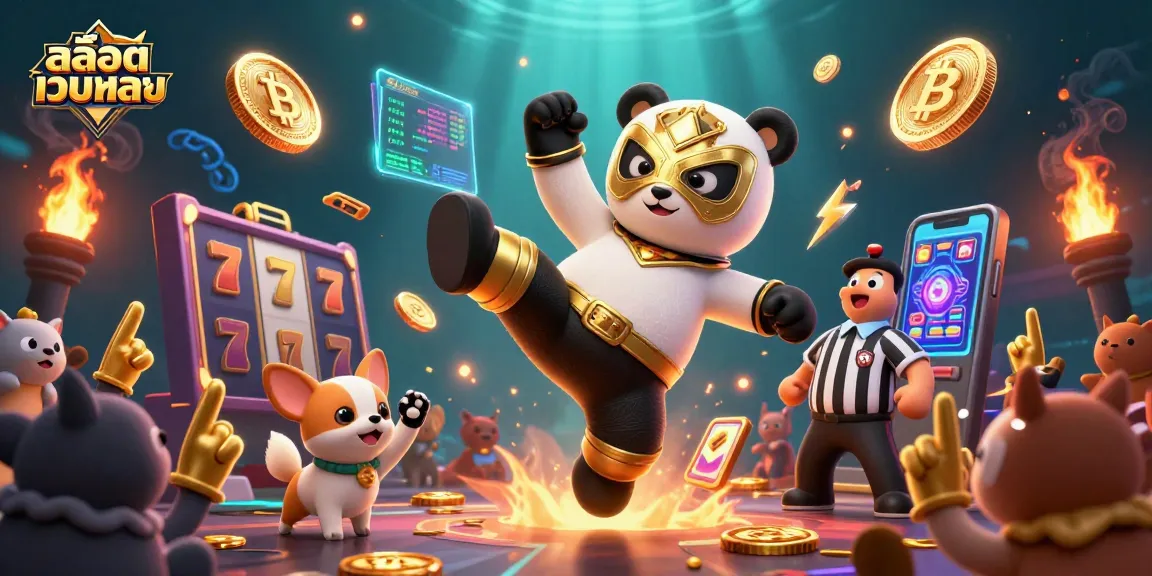 Experience thrilling gaming with สล็อตเว็บตรง as a panda wrestler kicks through slot reels and crypto coins.