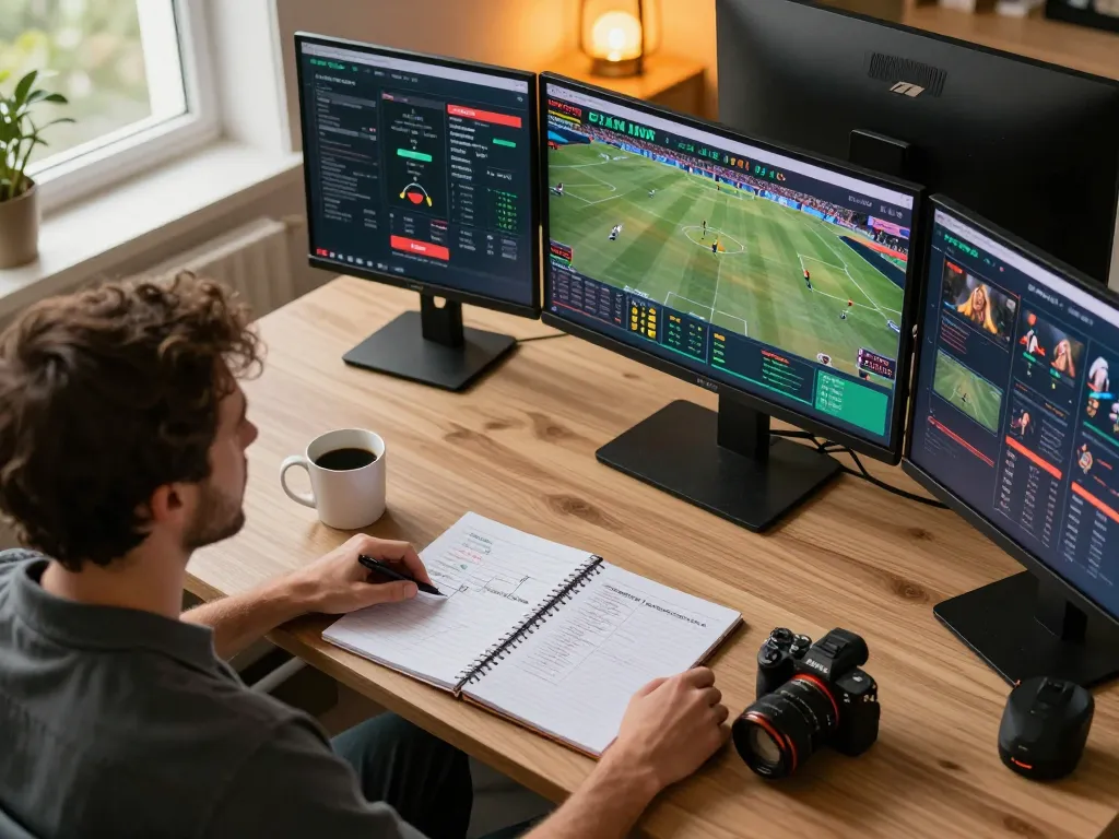 Engaging in online sports betting at F168, showcasing live event screens and strategic notes.