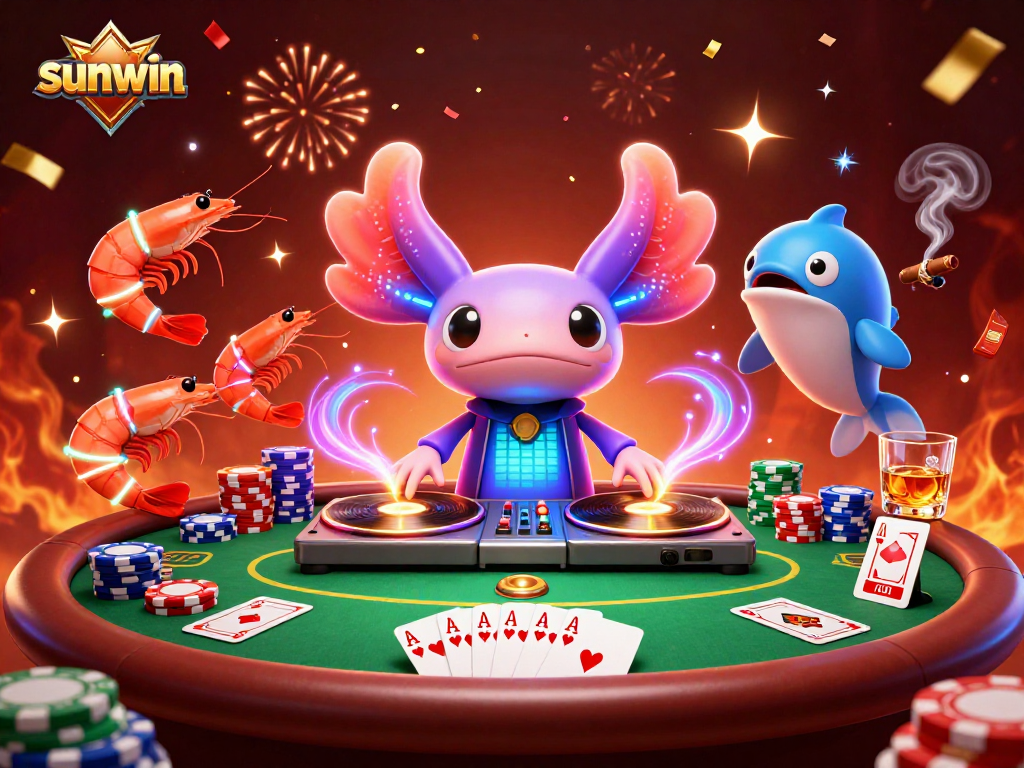 Join the vibrant sunwin casino party featuring an axolotl DJ and lively sea creatures.