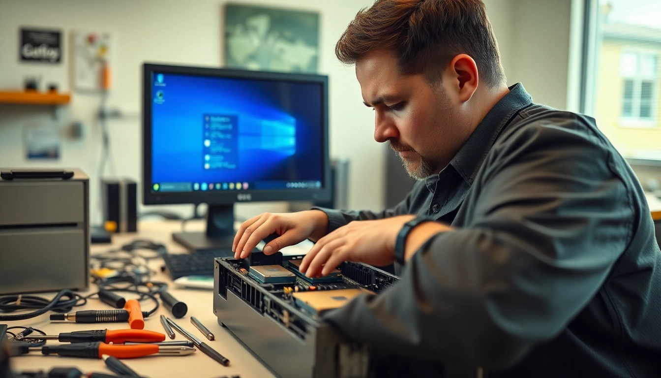 Windows 11 Installation auf älteren PCs im Fokus: Techniker bei der Installation in einem modernen Büro.