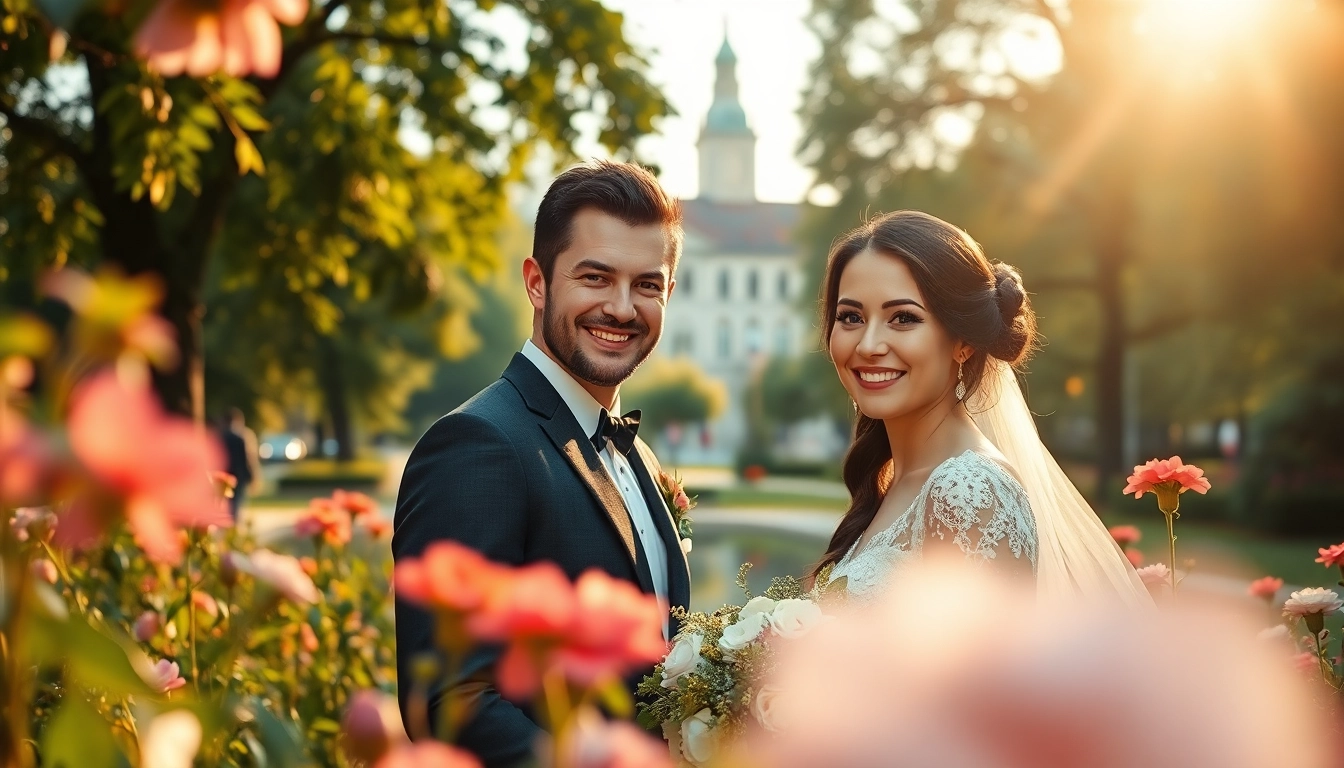 Hochzeitsfotograf München macht ein romantisches Foto von einem Brautpaar im Park.
