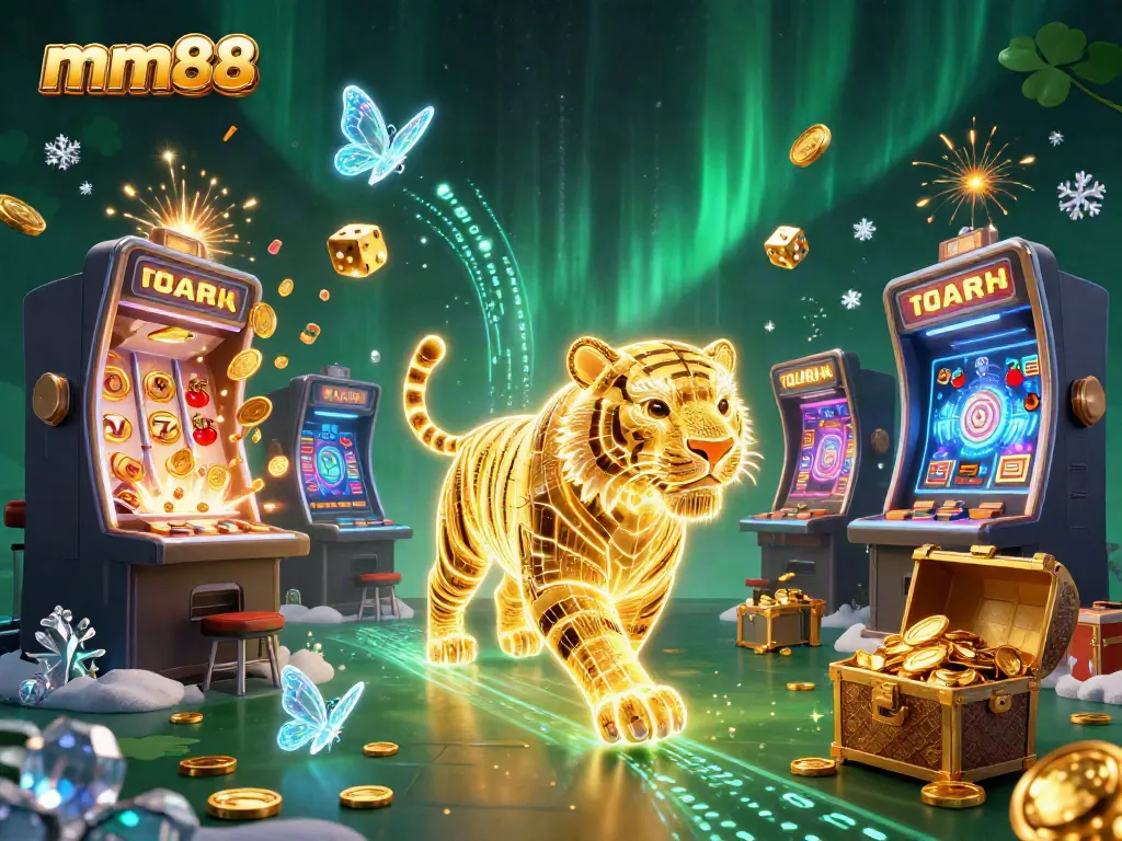 Experience the thrill of mm88 with a vibrant casino scene featuring a golden tiger and jackpot elements.