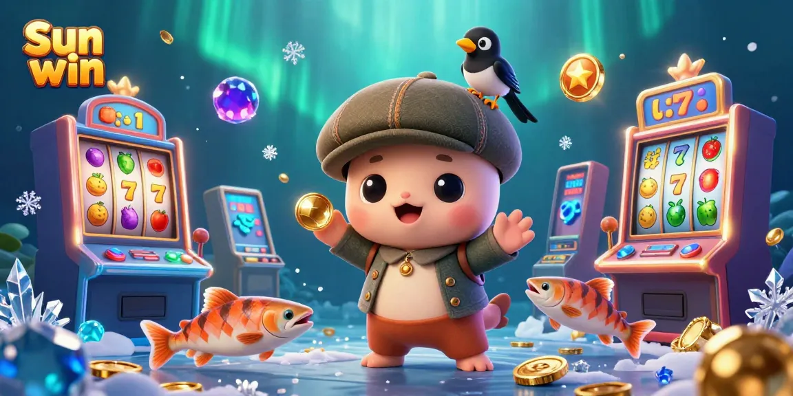Play slots with Sun win, featuring Nessie and friends in a vibrant casino scene of fun and excitement.