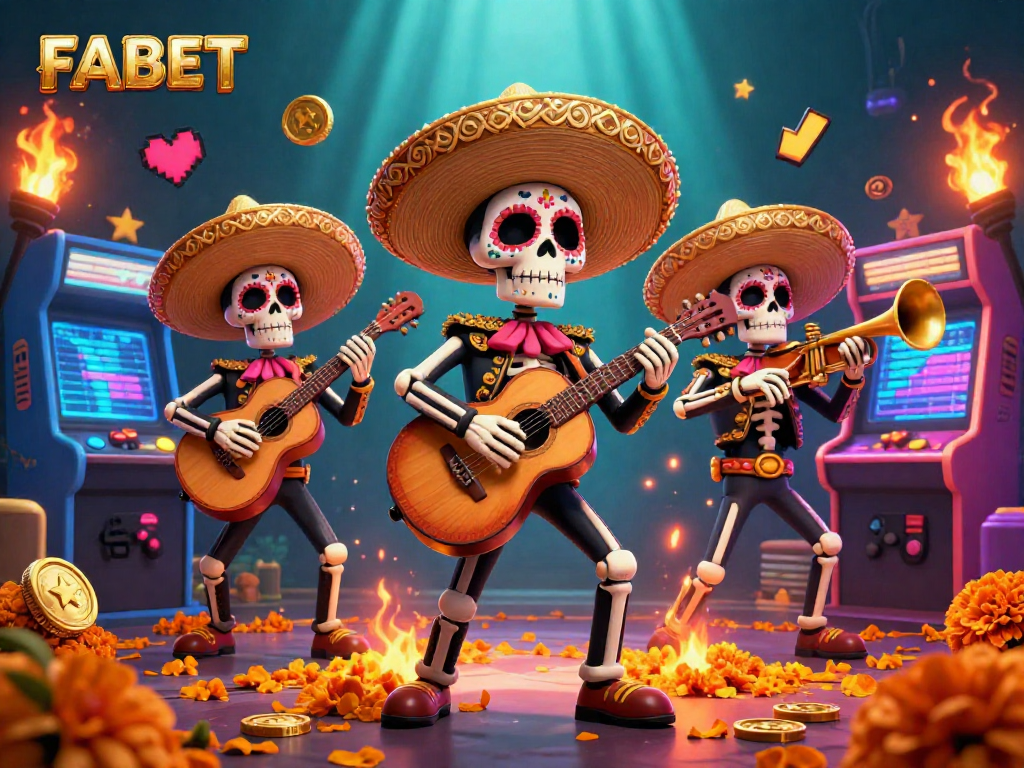 Experience the vibrancy of FABET with energetic mariachi skeletons amidst dynamic casino games.