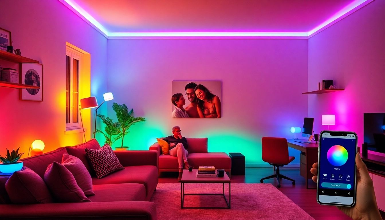 Philips Hue Tipps in einem gemütlichen, technologieaffinen Wohnzimmer mit lebendiger Beleuchtung vorgestellt.