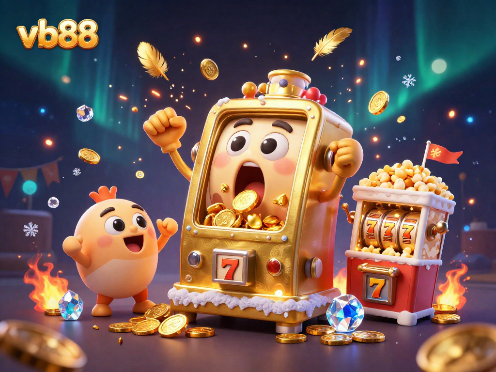 Experience thrilling wins with vb88's golden slot machines, coins flowing in a vibrant casino scene.