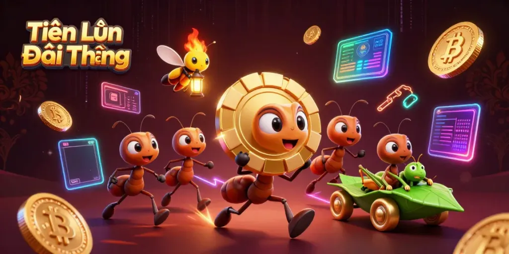 Experience the excitement of Tiến Lên Đổi Thưởng with cartoon ants planning a heist, emphasizing strategy and high stakes.