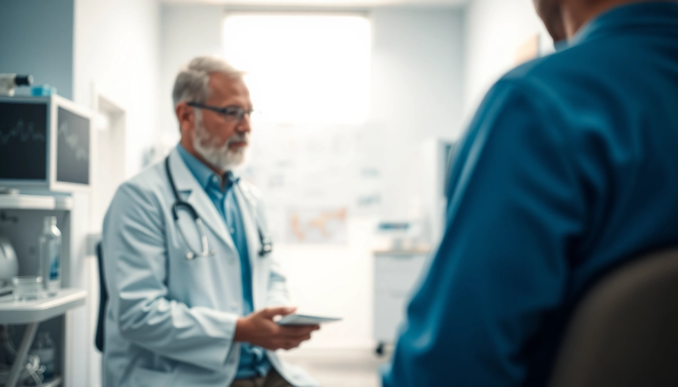 Der Arzt erklärt dem Patienten beeindruckend die deus medical Behandlungsoptionen und sieht zuversichtlich aus.