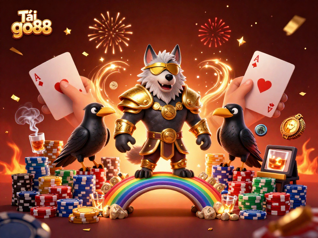 Engage with Tải go88 in this vibrant 3D casino scene showcasing exciting game elements and festive effects.