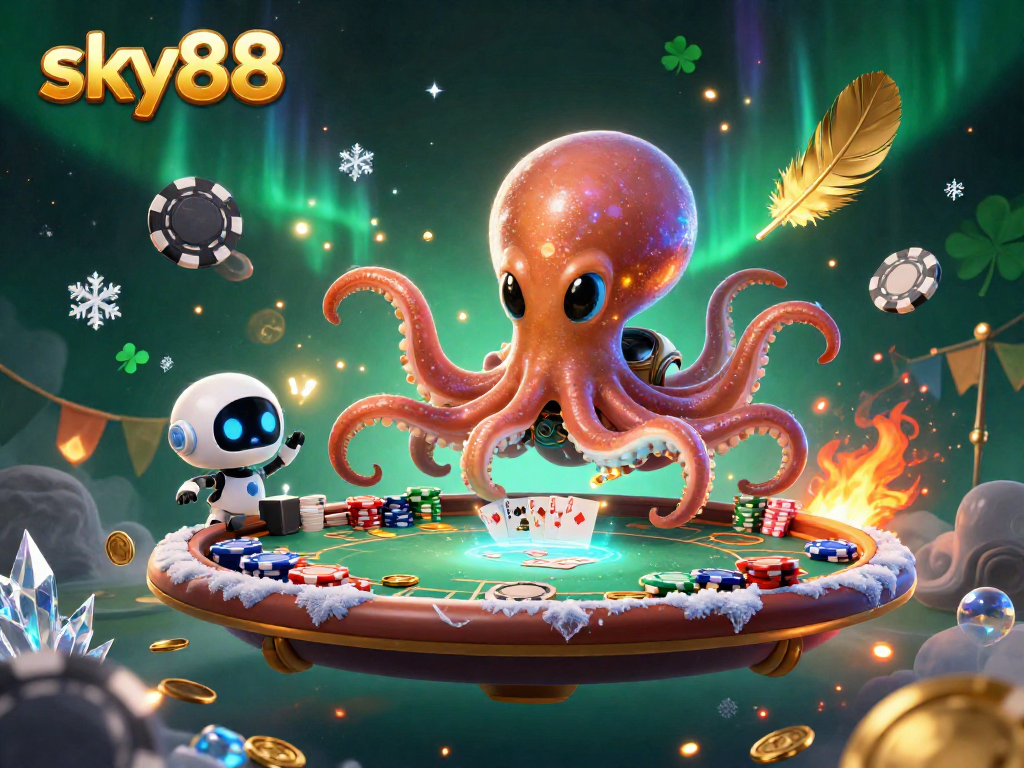 Engage in thrilling poker battles at sky88 with an alien octopus and holographic table.