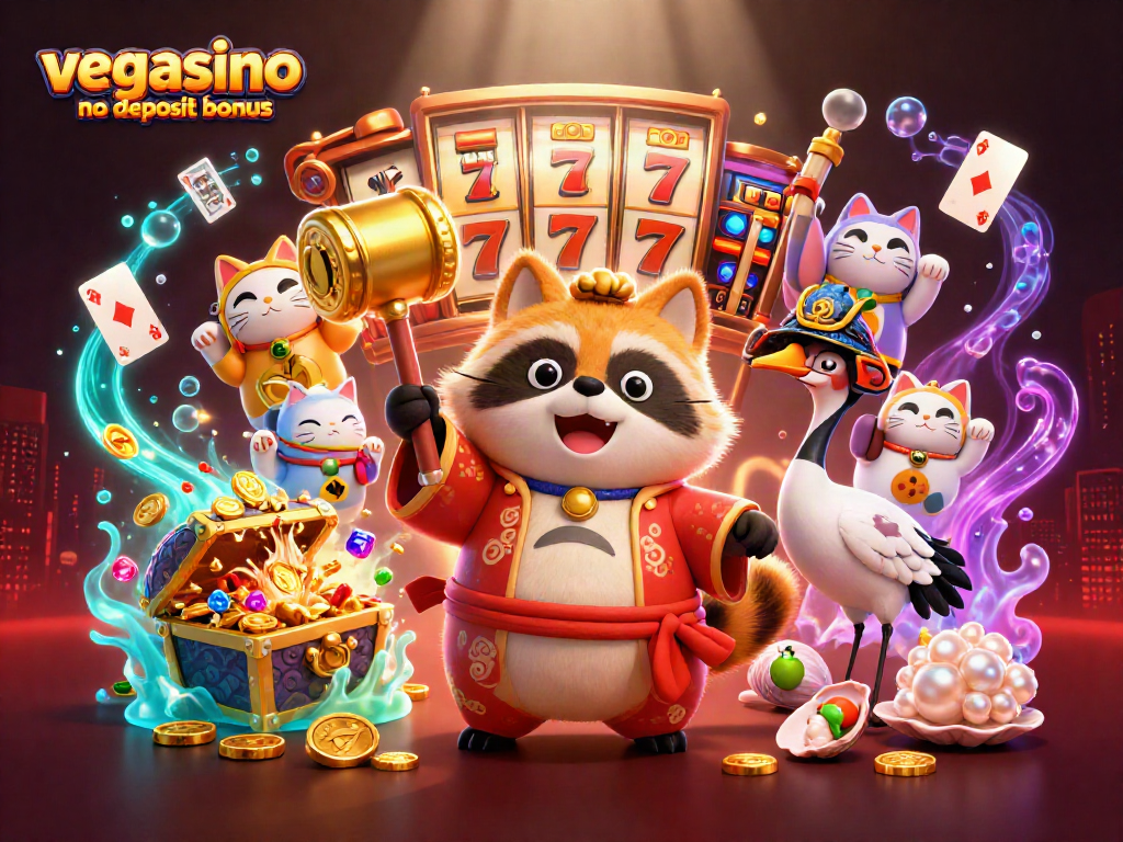 Experience the vegasino no deposit bonus with a vibrant 3D casino scene featuring lucky symbols and characters.