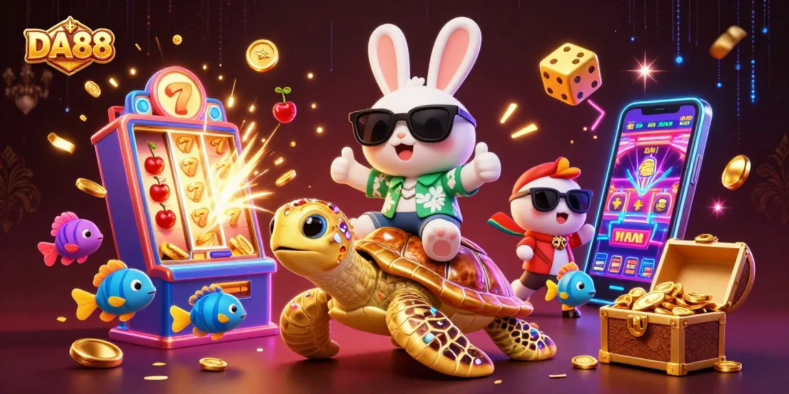 Experience the thrill of DA88 with a dynamic 3D casino scene featuring lucky symbols and vibrant characters.