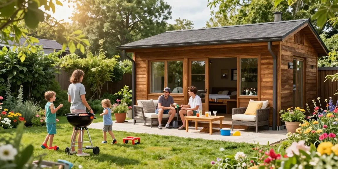 Familie beim Gartenhaus kaufen, entspannen im Garten mit Blumen und Holzterrasse.