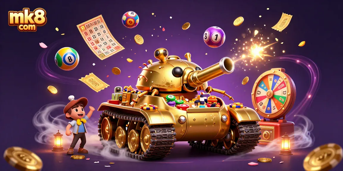 Exciting mk8 com gaming action with a golden beetle tank revealing a miniature casino filled with vibrant lottery elements.
