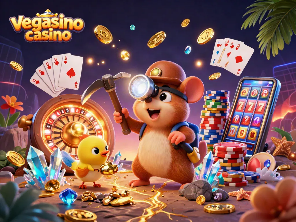 Experience excitement with Vegasino Casino’s vibrant illustration of a treasure hunter surrounded by casino elements.