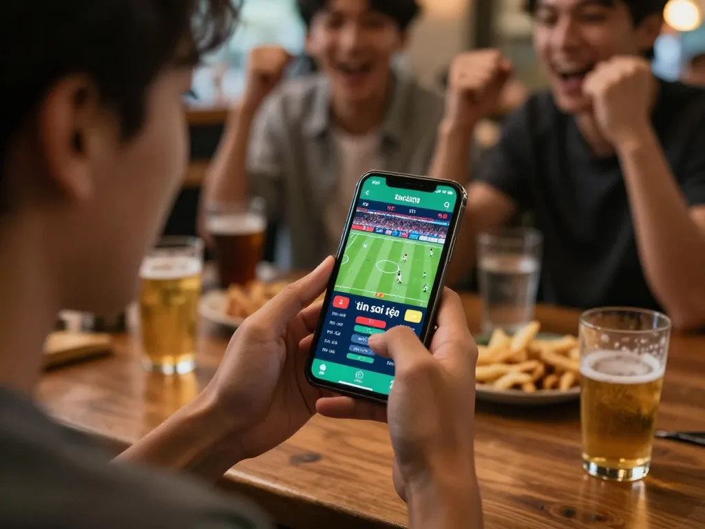 Engaged bettor placing 'tin soi kèo' wagers on a smartphone amid a lively sports bar environment.