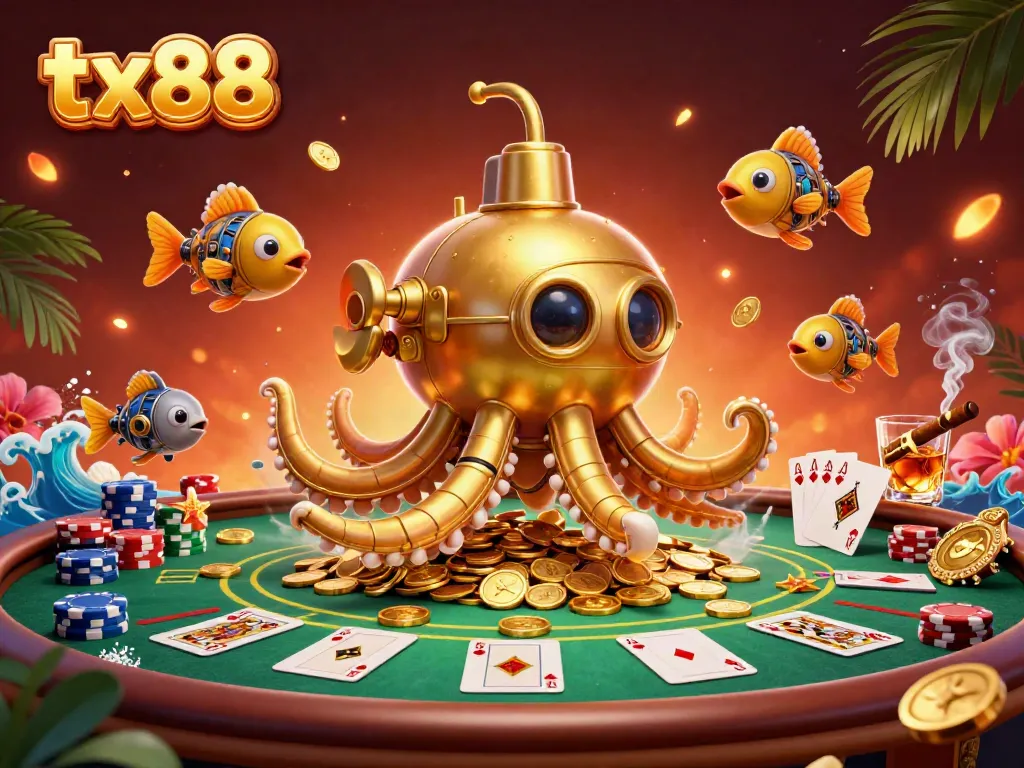 Join the action at tx88 featuring a golden kraken submarine surrounded by vibrant casino elements.