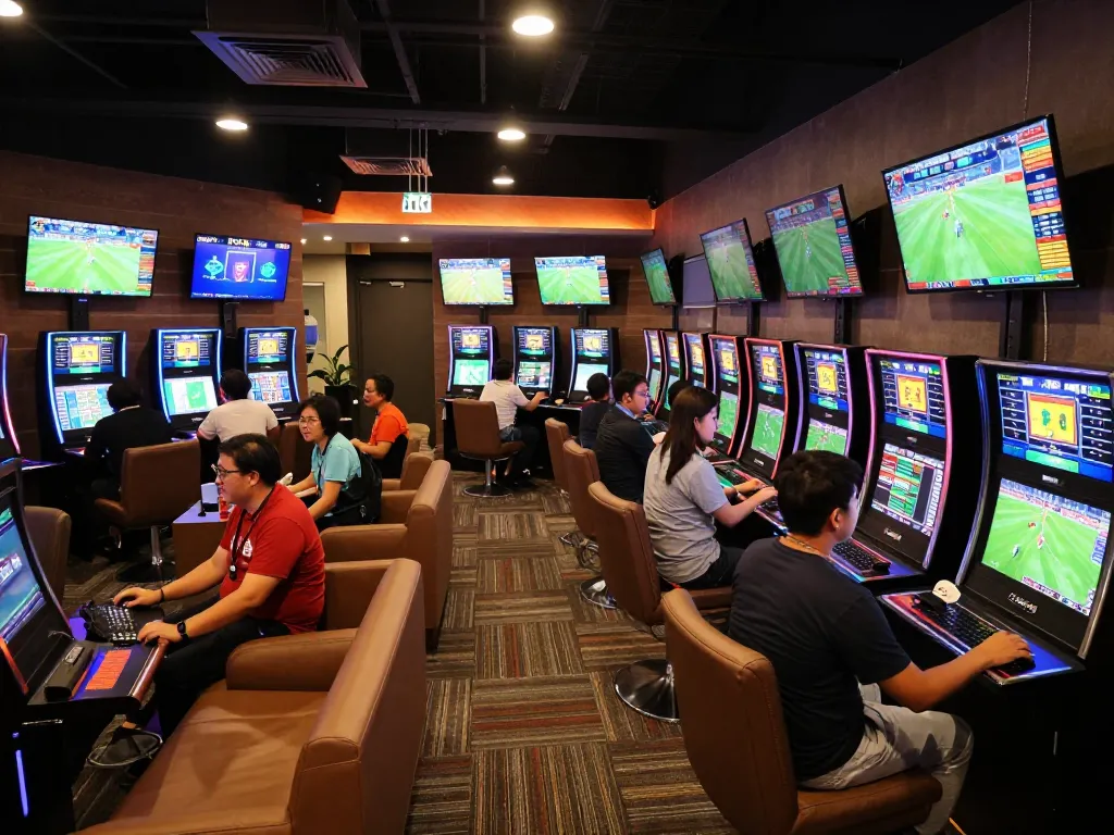 Engaging sports betting atmosphere at nhà cái shbet with enthusiastic bettors placing wagers