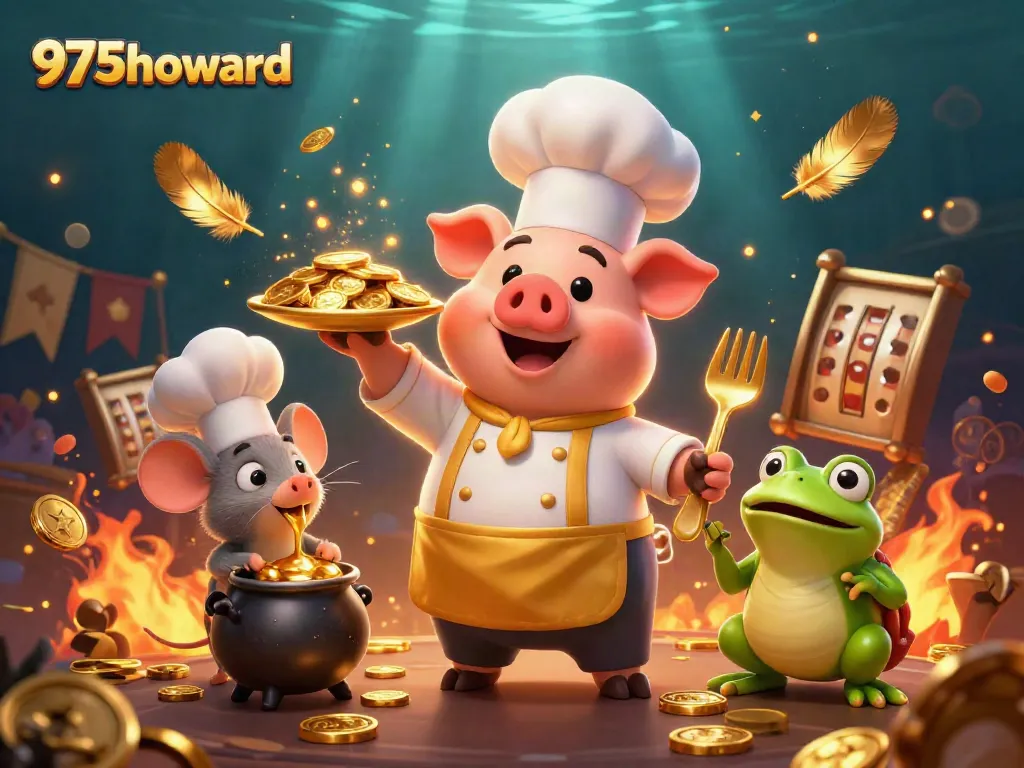 Experience exciting gameplay at 975howard with a 3D chef serving gold coins in a vibrant casino scene