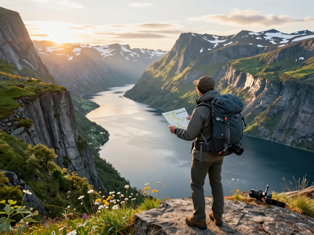 Malermatische Fjordlandschaft mit Reisendem in Norwegen, die Skandinavien Reisetipps bei der natürlichen Erkundung zeigt.