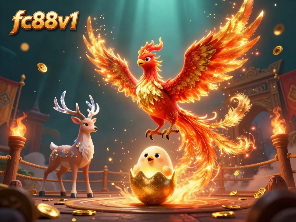 Experience thrilling wins at fc88v1 with a dynamic casino scene featuring mythical creatures and golden treasures.