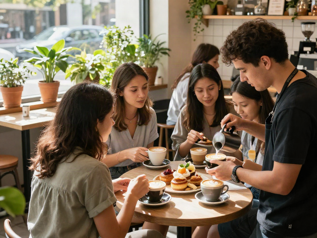 rokok88 alternatif coffee culture scene with friends enjoying drinks and pastries in a cafe