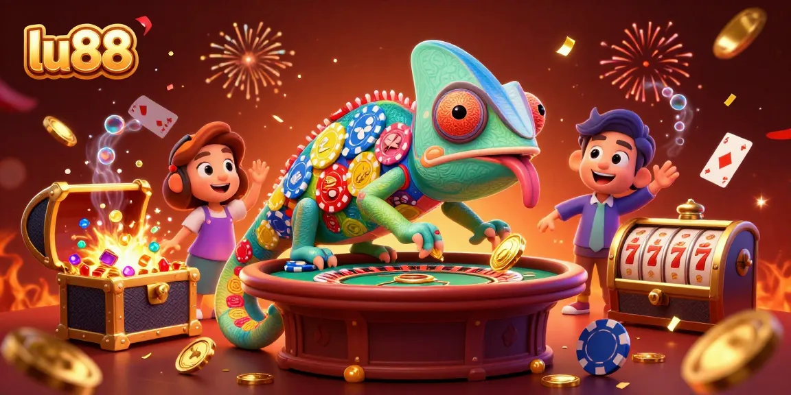 lu88's dynamic casino scene powered by a chameleon owner amid joyful gaming elements and golden treasures.