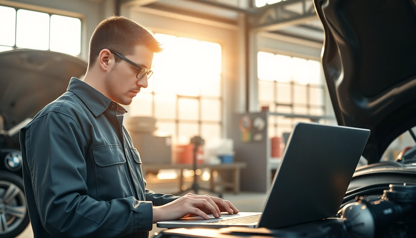 BMW Codierer analysiert Fahrzeugdaten in moderner Werkstattumgebung.