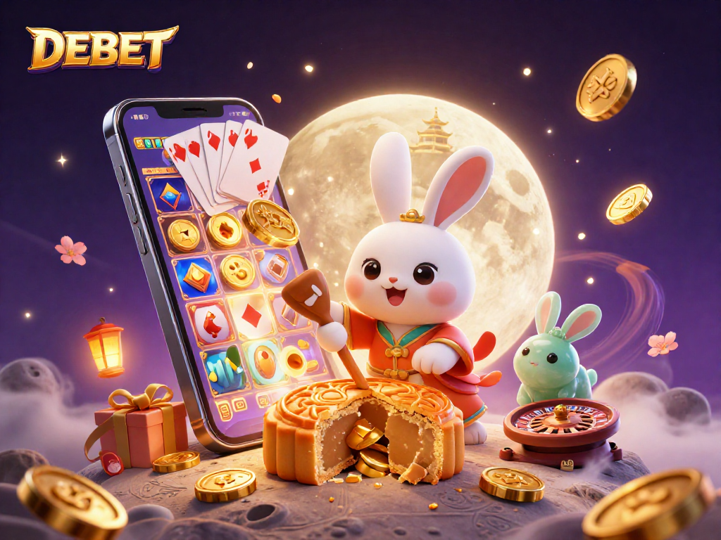DEBET showcases a lively 3D scene where a moon rabbit reveals poker chips, symbolizing dynamic casino excitement.