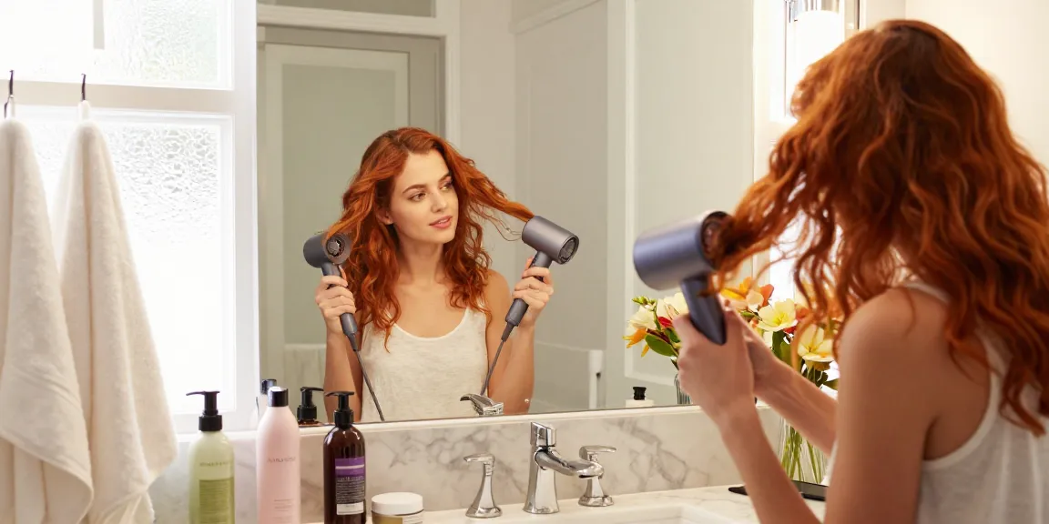 Woman using a mini blow dryer in a chic bathroom for stylish hair.