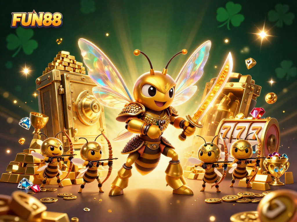 Experience FUN88's thrilling atmosphere with a golden hornet samurai amidst riches and slots.