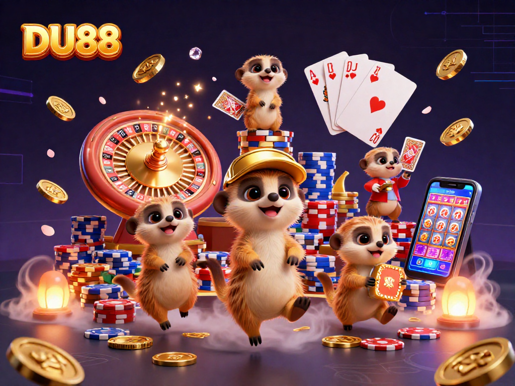 DU88 meerkats engaging in a vibrant casino scene with dynamic game elements and golden treasures.