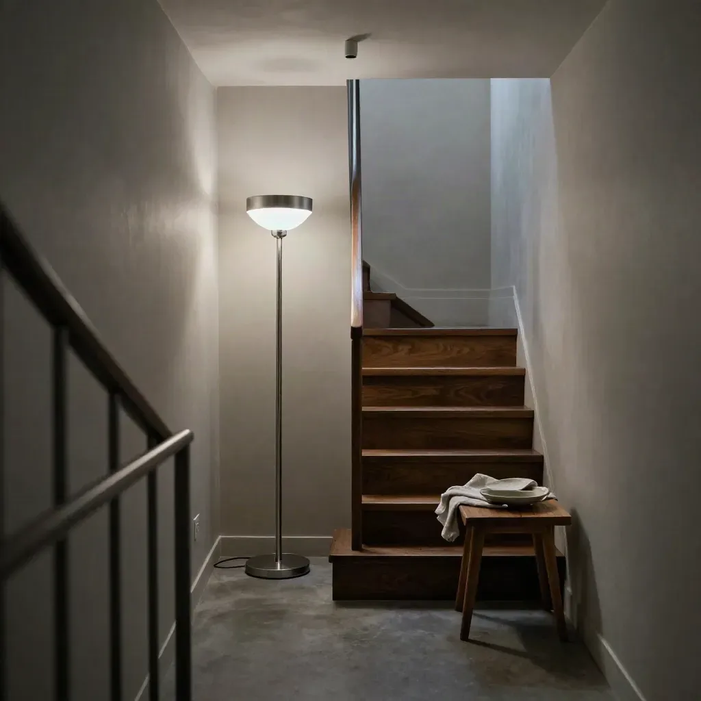 Flurleuchte und Stehlampe im Treppenhaus, das Licht fährt gerade sanft hoch.