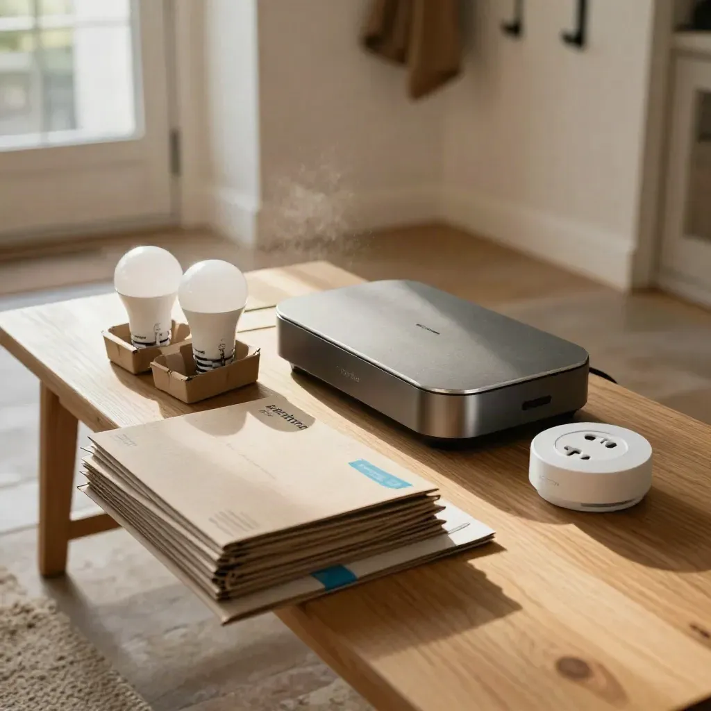 Ausgepacktes Smart-Home-Starterset auf einer Holzbank im hellen Eingangsbereich
