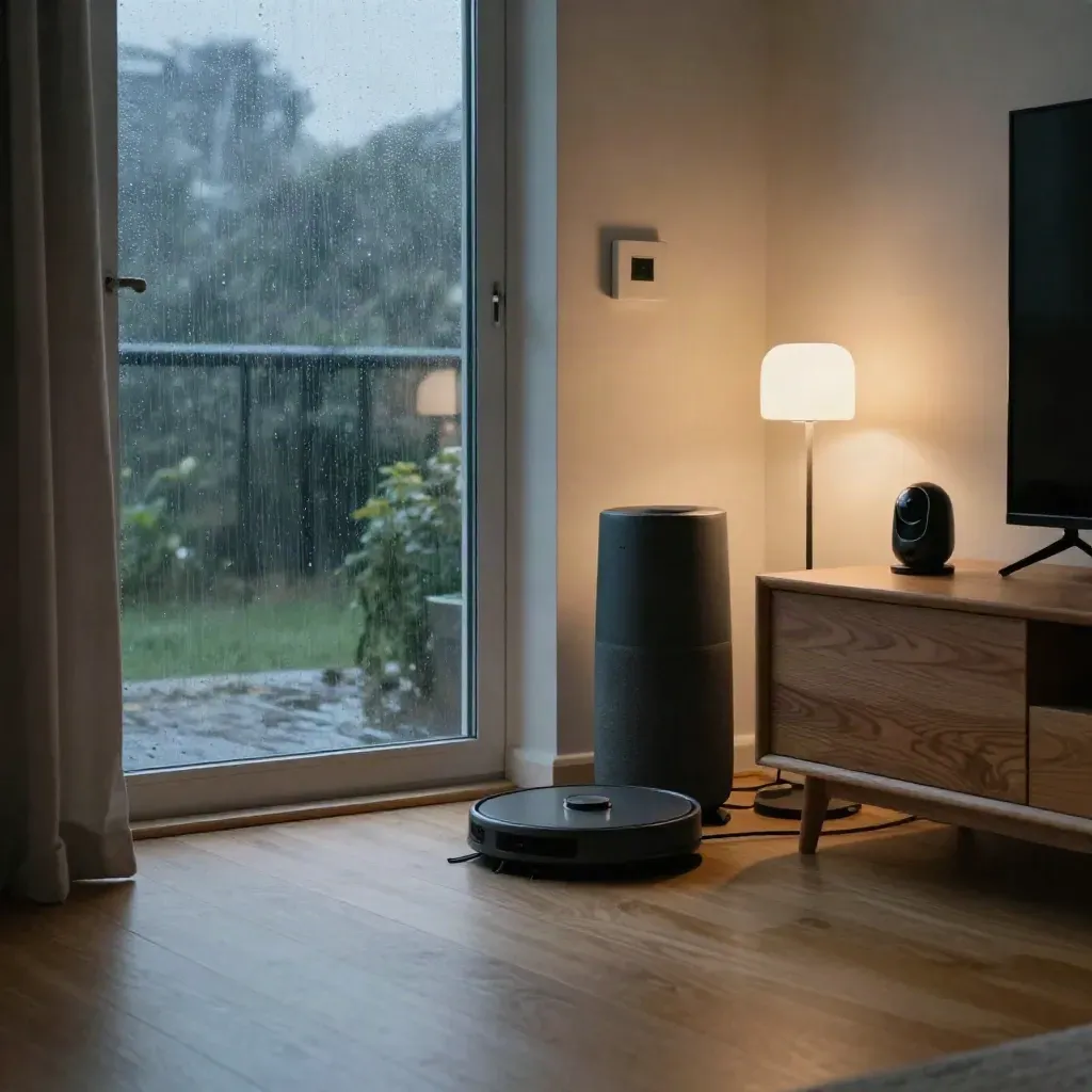 Wohnzimmer mit Smart Speaker, Thermostat, Lampe, Kamera und Roboter-Dock im Abendregen.