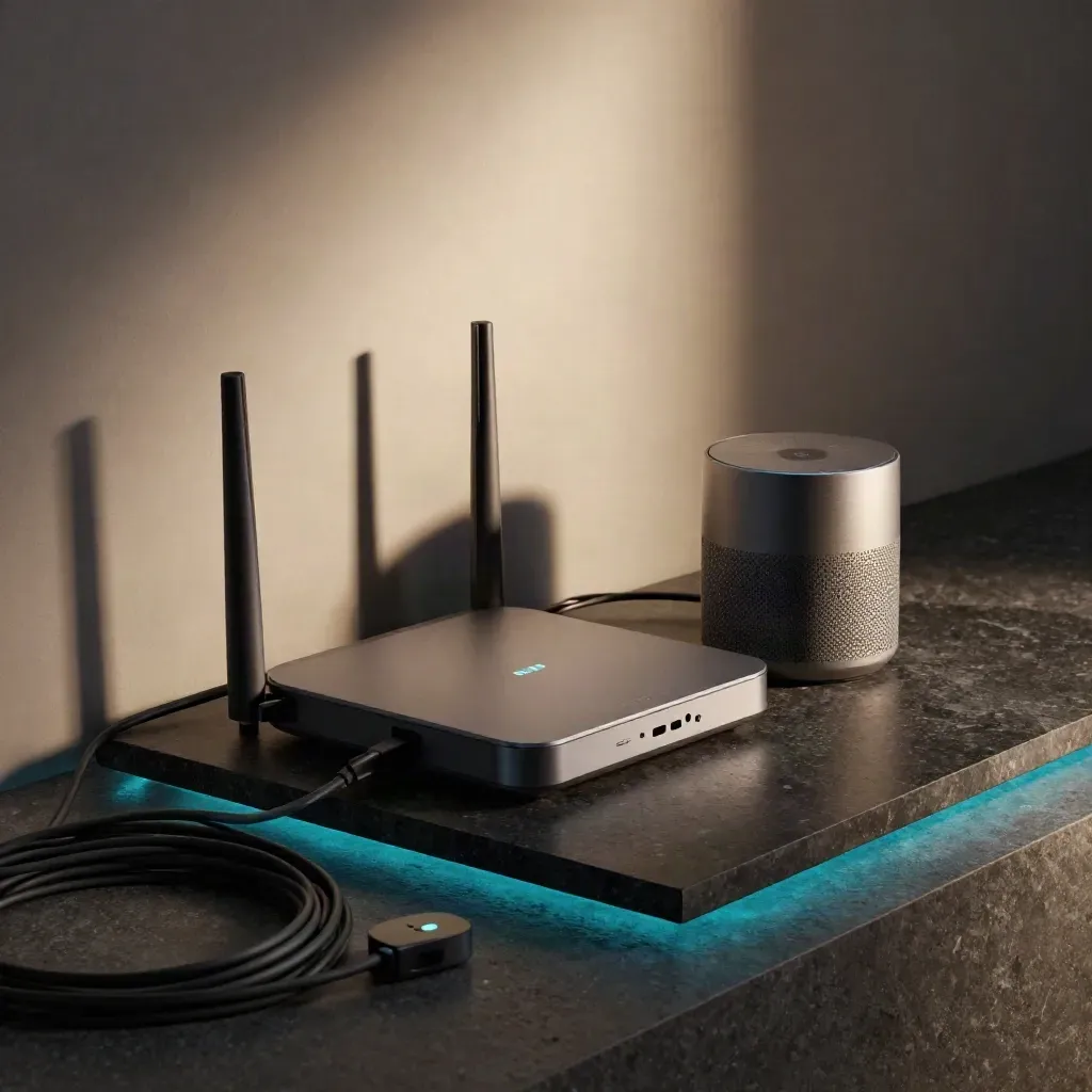 Router, Zigbee-Hub und Matter-Lautsprecher auf dunkler Steinplatte mit Kabeln und Sensoren
