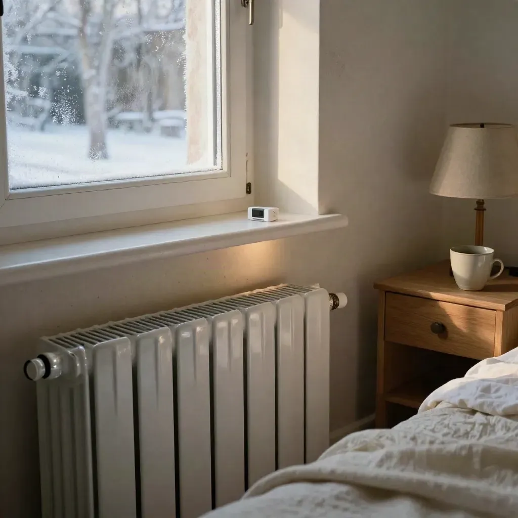 Heizkörper mit Smart-Thermostat am Schlafzimmerfenster, warme Innenluft gegen Frost draußen