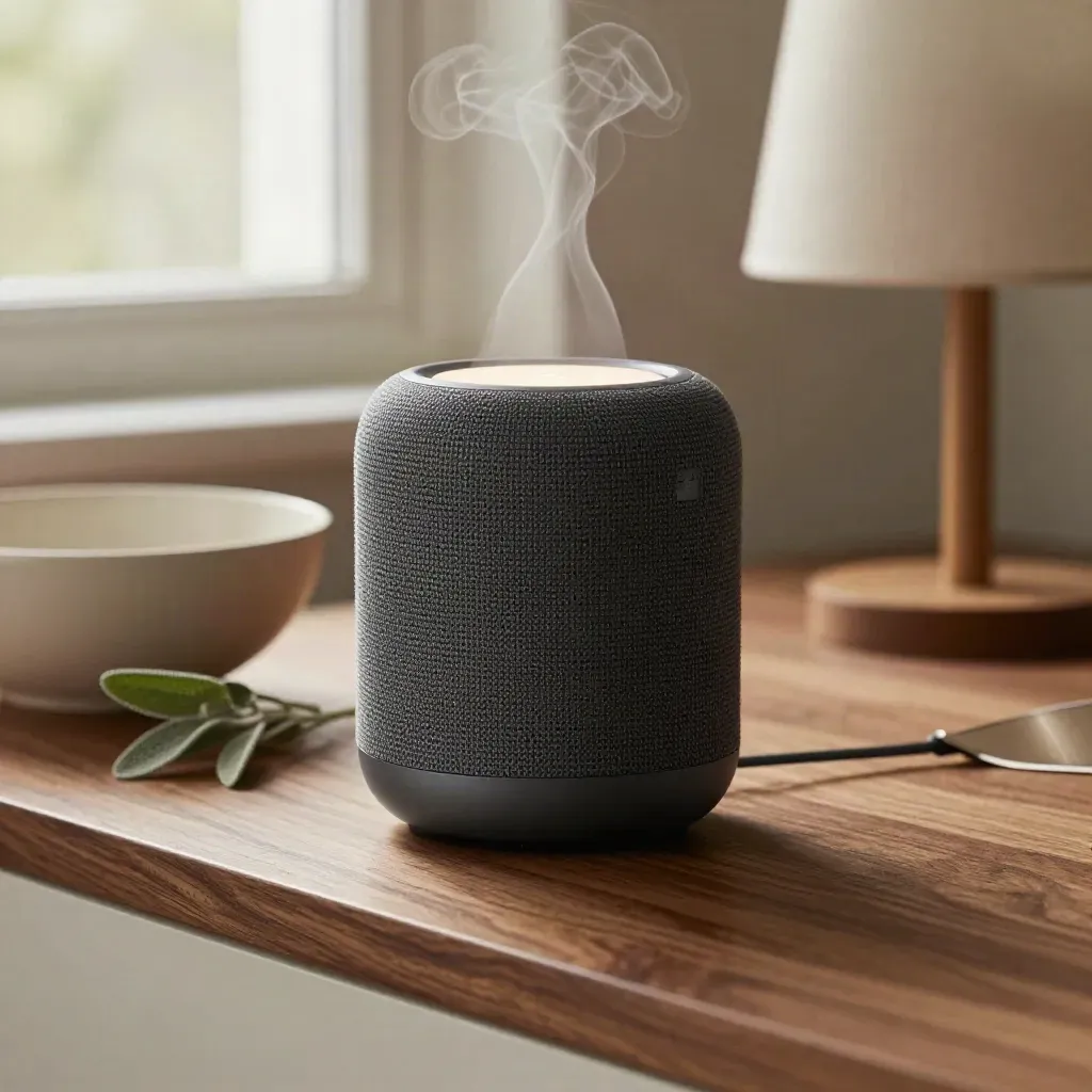 Smart Speaker pulsiert auf einer Küchenkonsole neben Schale, Pflanze und Lampe im Morgenlicht.