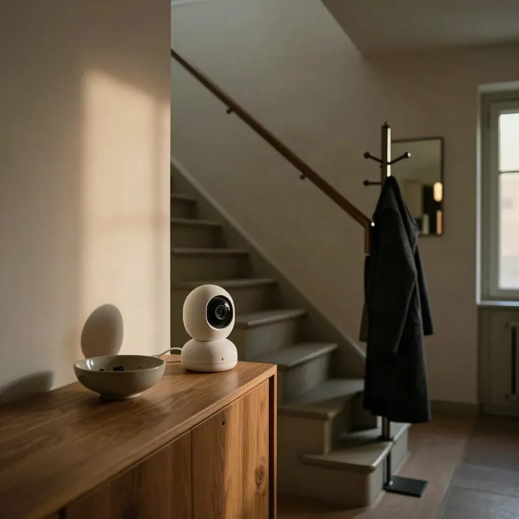 Innenraum-Sicherheitskamera auf Sideboard mit Schale und Garderobe an offener Treppe im Abendlicht