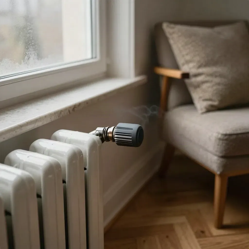Weißer Heizkörper mit smartem Ventilkopf am Fenster neben Sessel und Wollkissen.