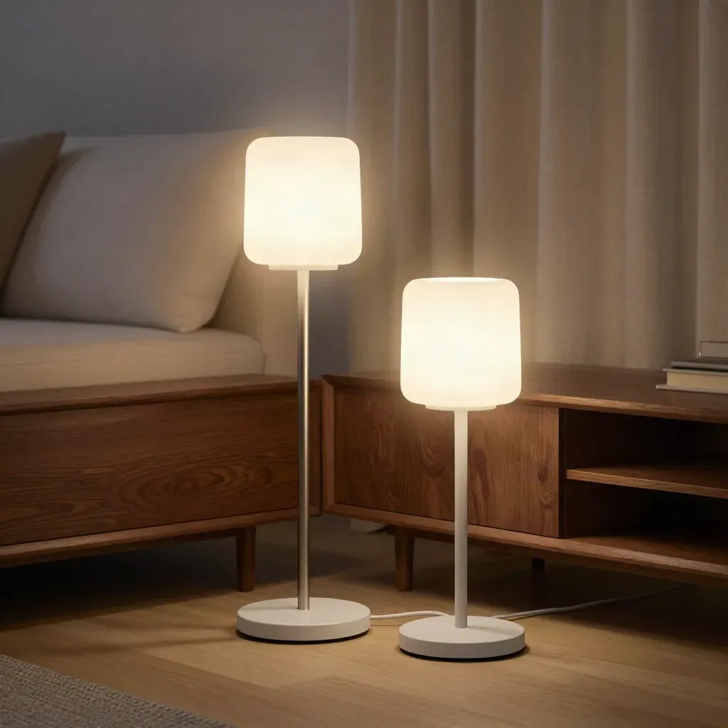 Smarte WLAN-Lampen glühen im Wohnzimmer auf, mit Sofa und Holzkonsole im warmen Abendlicht.