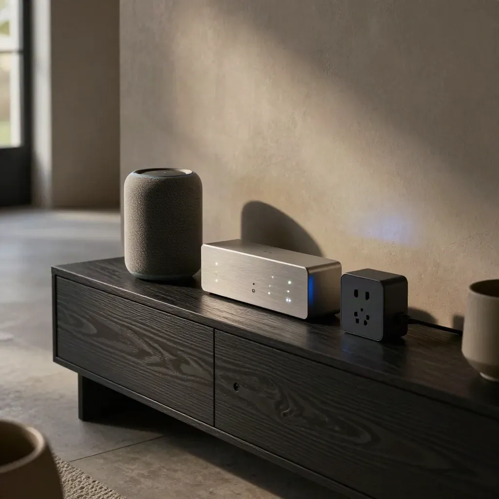 Matter-Hub, Smart Speaker, Lichtmodul und Steckdose auf dunkler Konsole mit blauem LED-Schimmer