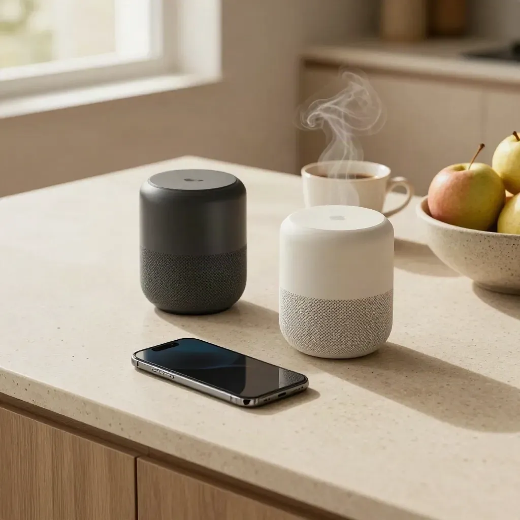 Zwei Smart Speaker, Handy, Kaffeetasse und Obstschale auf einer Kücheninsel.