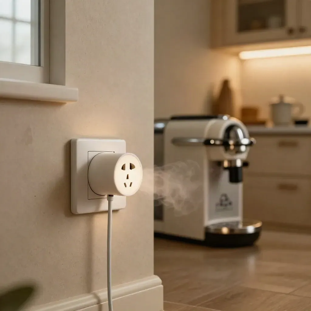 Smarte Steckdose neben Stehlampe und Kaffeemaschine in heller Küche, Lampe geht gerade an.