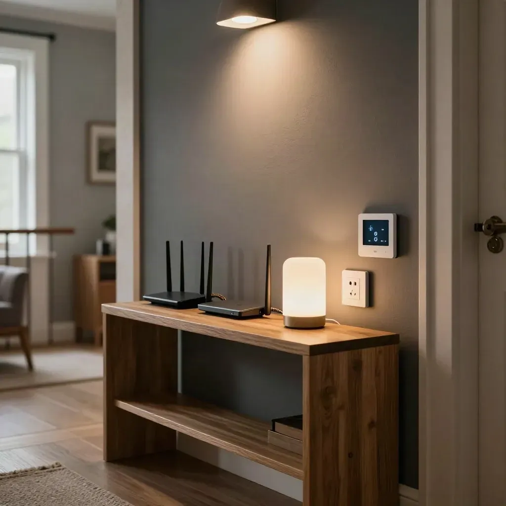 Smart-Home-Setup im Eingangsbereich mit Router, Hub, Lampe, Steckdose und Thermostat auf Konsole.