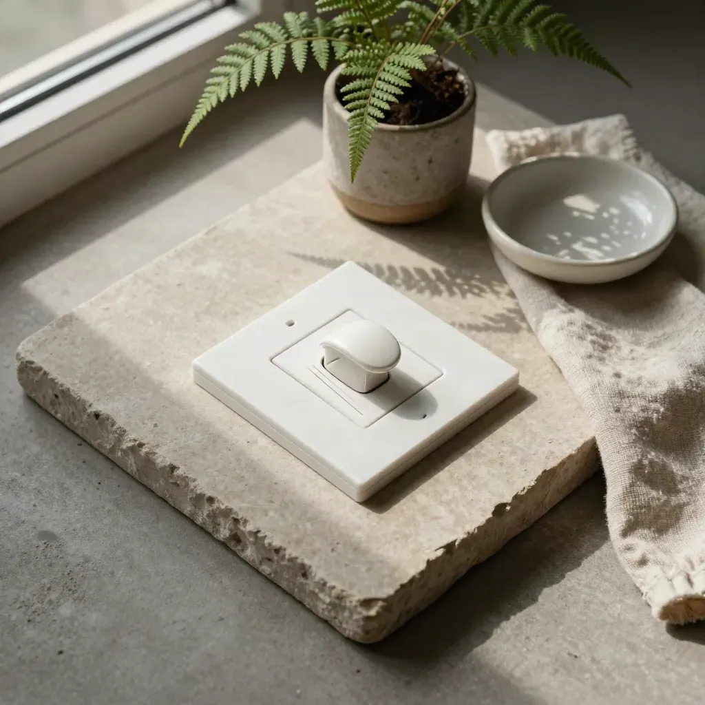 Smart-Home-Lichtschalter, Farn, Leinentuch und Keramikschale auf Stein