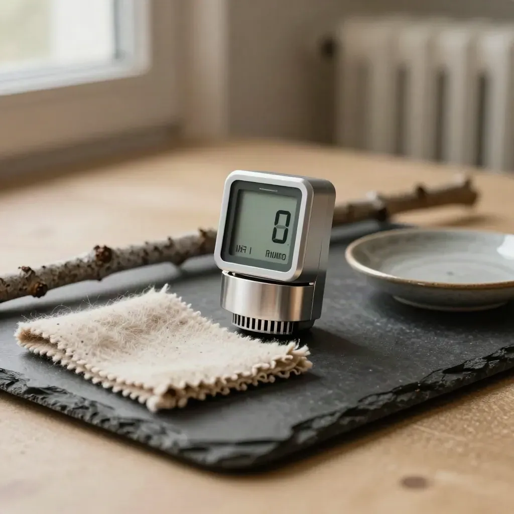 Smartes Heizkörperthermostat mit Adapterring, Wolle, Zweig und Keramikschale auf Steintablett